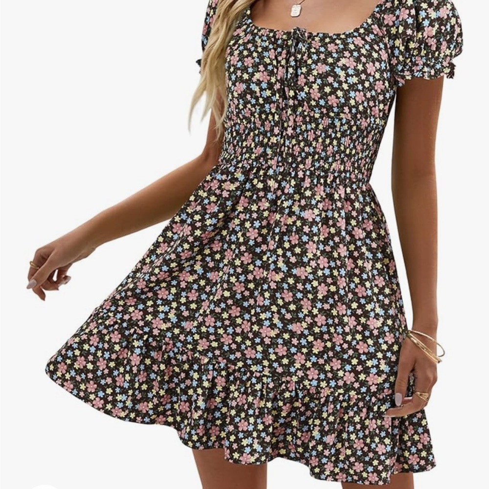 🤎 Boho brown floral dress short sleeve, country